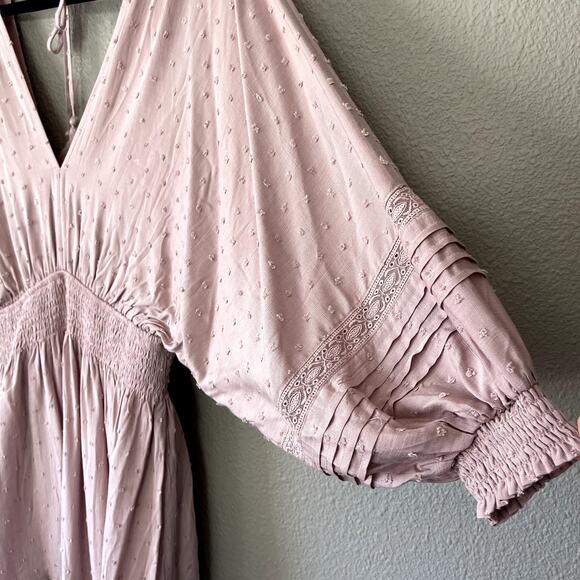 Boho Swiss Dot Crochet Accent Open Tassel Tie Back Womens Balloon Sleeve Dress S - Picture 4 of 14